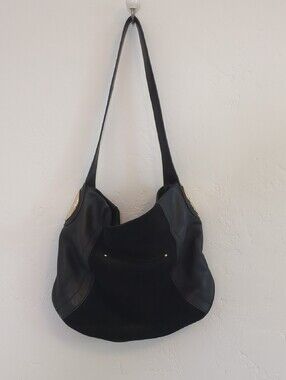 B. Makowsky Black Leather & Suede Shoulder Bag with Gold-Tone Accents